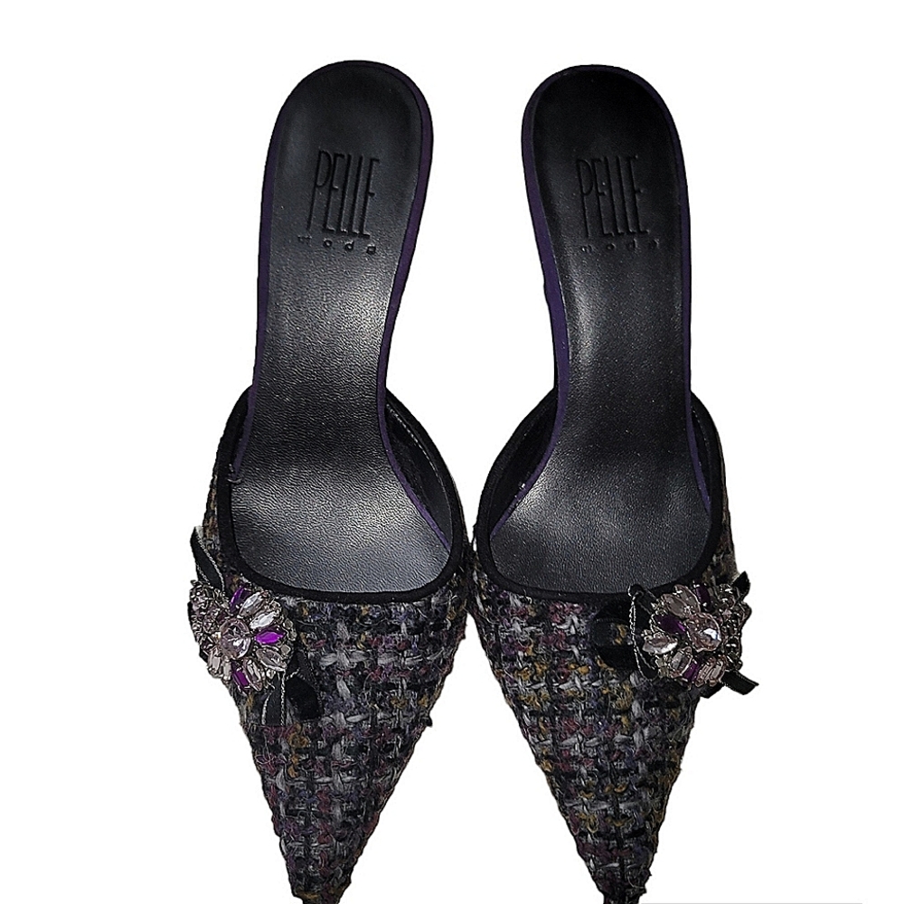 Pelle Moda Tweed Fabric Mules With Rhinstone Embellishment Size 6 M